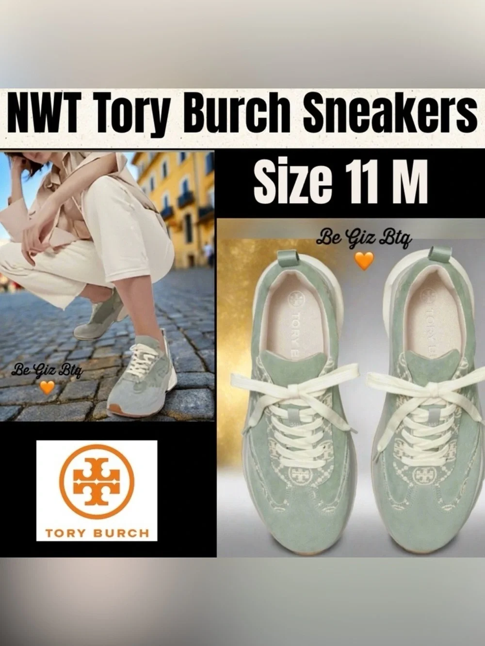 🔥🔥Authentic Tory Burch T Monogram Good Luck Sneakers Size 11M Blue /Cream